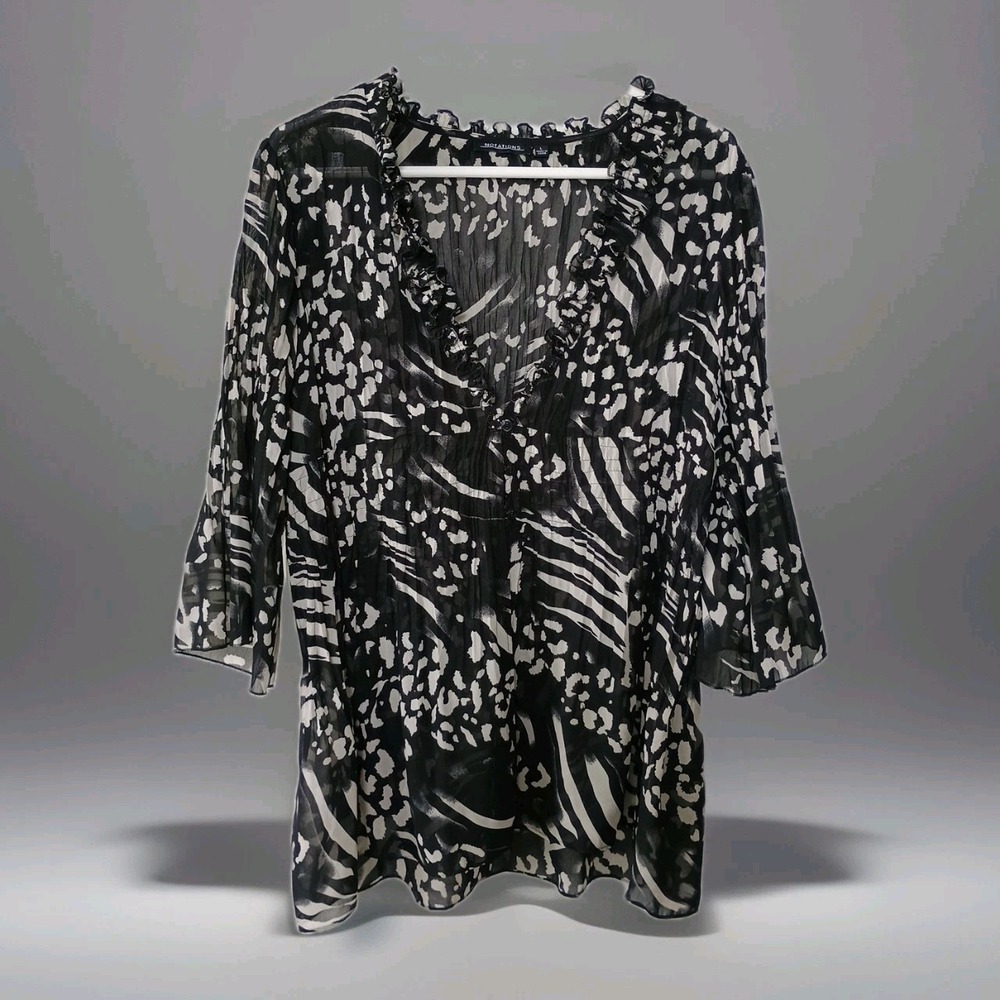 Notations 3/4 Sleeve Split Front Women's Blouse L Back And‎ White